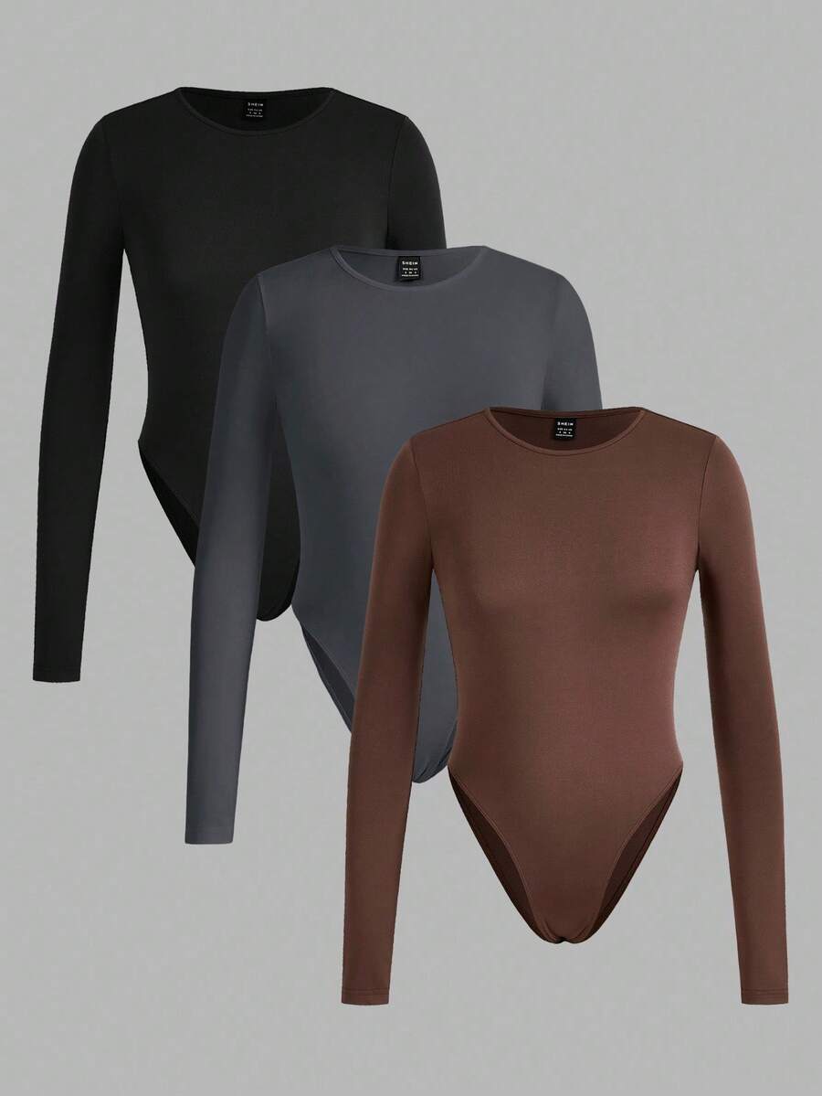 SHEIN EZwear 3pcs Solid Color Versatile Outdoor & Indoor Fitted Bodysuit With Contrast Color, Suitable For Spring & Autumn,Black Bodysuit - Multicolor - View 1
