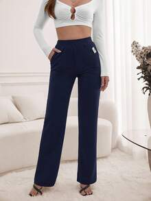 SHEIN Tall Women's Elastic Waist Letter Embroidered Pocket Straight Loose Casual Pants Navy Blue Pants Elegant Pants For Women - Navy Blue - View 3