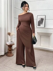 Modelyn Conjunto de 2 piezas de talla grande con top asimétrico de unicolor y pantalones de pierna ancha para uso diario - Café integral - Ver 5
