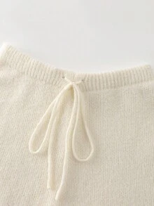 SHEIN Franclia Bộ 2 món áo len dệt kim dáng rộng cổ lọ tay loe trang trí kim loại thanh lịch và quần ống rộng, phong cách Âu Mỹ - Màu be - Xem 7