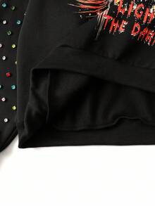 ROMWE MEN Street Life Men's Autumn Long Sleeve Rhinestone Letter & Eye Print Hoodie Sweatshirt - Black - View 4