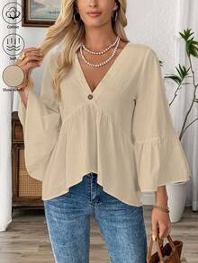 EMERY ROSE White V-Neck Ruffle Sleeve Women's Casual Shirt - Khaki - View 1