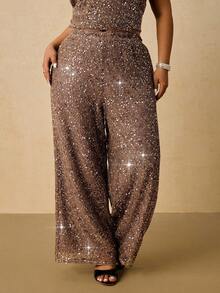 Freevana 大码女式优雅亮片装饰长裤，适合派对、度假和休闲穿着 - 駝色 - 查看 4