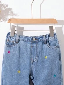 SHEIN 少女彩色心形刺绣宽松喇叭牛仔裤，蓝色 - 淺色水洗藍 - 查看 9