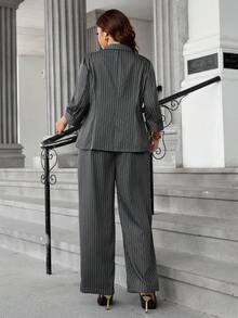 Easura Plus Size Women Autumn Lapel Striped 3/4 Sleeve Casual Suit Jacket And Loose Pants Set - Dark Grey - View 2