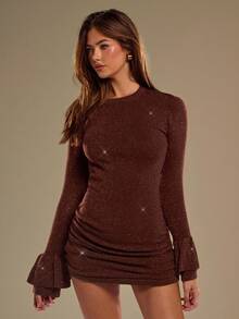 SHEIN BAE Ruffled Flare Sleeve Gathered Waist Bodycon Sweater Dress For Women, Brown Dress For Women,Fall Clothes For Women,Dresses For Women,Halloween,Winter Clothes For Women,Back To School,Brown Ruffled Sweater Miniskirt,Party Dress,Sparkling Sweater Dress,