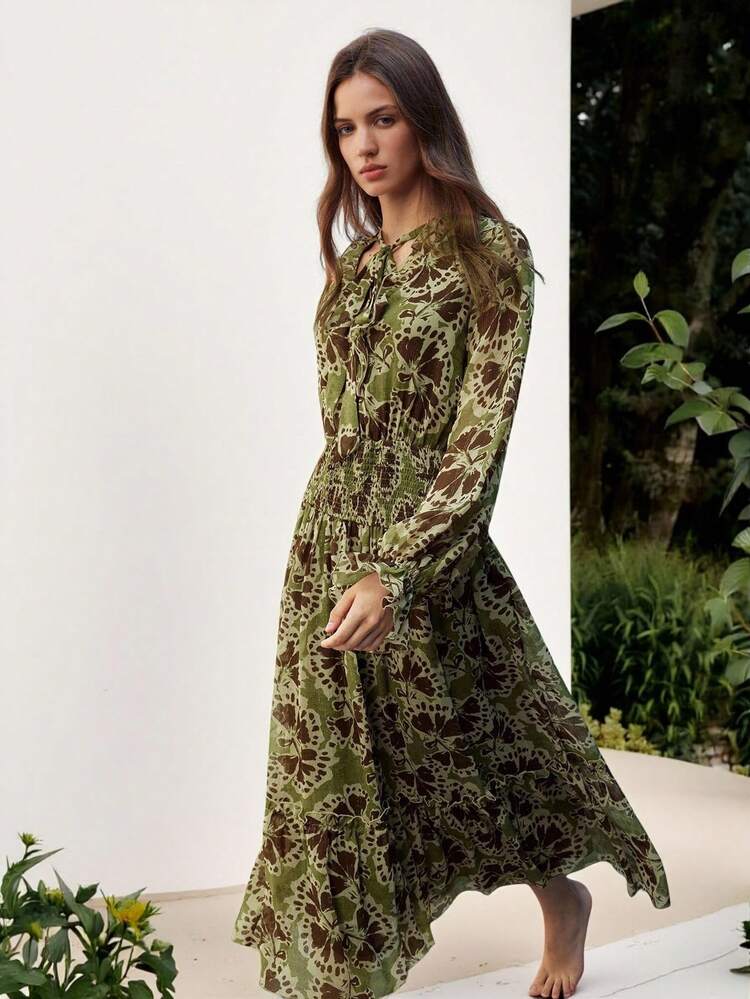 SHEIN Maija Women's Full Print Frill Trim Tie Neck Long Sleeve Cinched Waist Elegant Dress,Fall Dresses For Women
