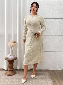 Modelyn 秋冬大码纯色针织休闲连衣裙 - 杏色 - 查看 3