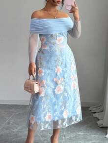 Modelyn Plus Size Women Mesh Patchwork Embroidered Off Shoulder Long Sleeve Pleated Dress - Blue - View 6
