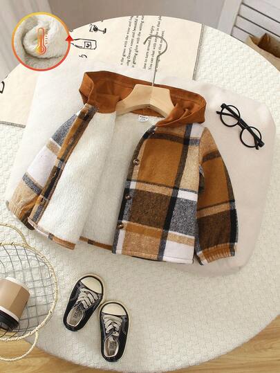 SHEIN Playful Pals 1pc Baby Boy Autumn/Winter Fashion Casual British Style Khaki & White Plaid Fleece Patchwork Contrast Color Hooded Long Sleeve Jumpsuit, Stylish & Versatile, Suitable For Infant Outdoor Wear, Thanksgiving And Other Traditional Events Baby Boy Jacket Baby Plaid Jacket Toddler Plaid Jacket Baby Fall Jacket Infants Coats Baby Boys Winter Jacket Toddler Boys Fall Winter Clothes Baby Boy Outfits Fall Baby Boys Fall Winter Clothes Baby Plaid Shirt Brown Baby Boy Shirt
