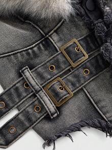 ROMWE Hippie Y2K Removable Faux Fur Collar Denim Jacket For Women - Light Grey - View 3