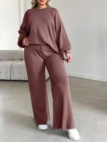 EURMUSE Ensemble casual femme grande taille, pull raglan couleur unie et pantalon tricoté - Vieux Rose - Voir 7