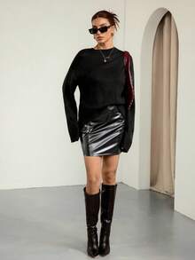 SHEIN Tall Suéter de punto holgado de manga larga para mujer, negro liso, otoño, estilo chic sin esfuerzo, suéter de hombro caído liso para uso diario otoño/invierno - Negro - Ver 8