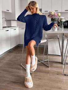 EURMUSE Casual Solid Color Stand Collar Side Slit Raglan Sleeve Sweater, Autumn/Winter - Navy Blue - View 4