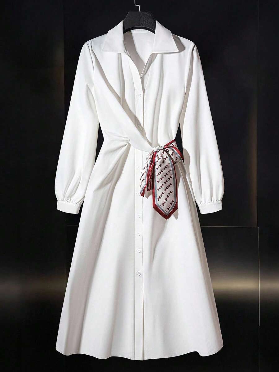 INAWLY Plus Size Women Casual Waist Cinched Long Sleeve Shirt Dress - White - View 1