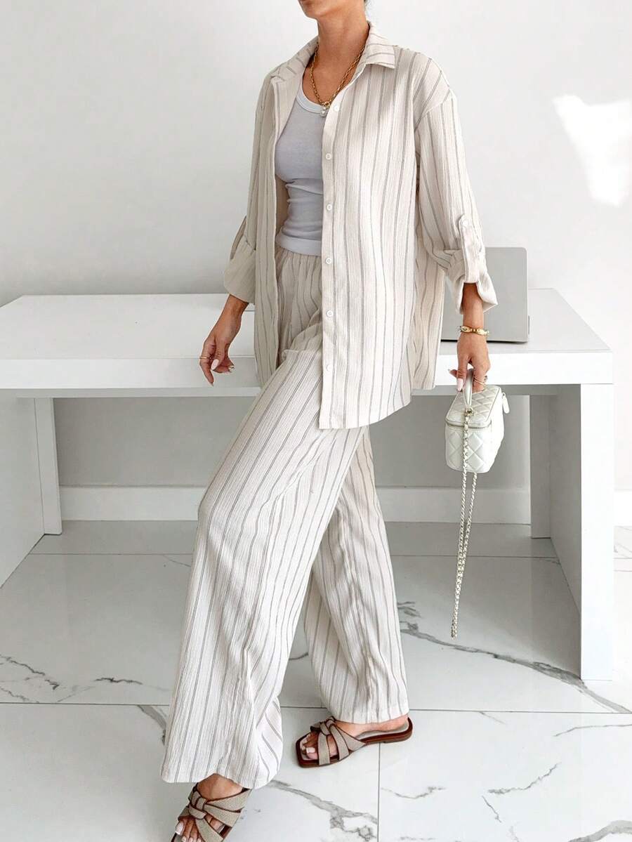 Siren Gaze 女士休闲通勤条纹衬衫和裤子两件套 - 杏色 - 查看 1