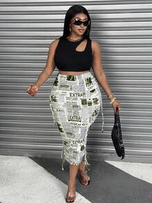 Maweii Plus Size Women Pleated Hem Skirt With Pockets