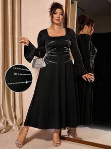 Cravure Plus Size Women's Rhinestone Embellished Flare Sleeve Dress, French Elegant Party & Everyday Wear - Black - View 1