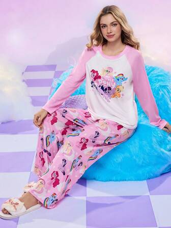 My Little Pony X SHEIN Dampyjamas med söt tecknad enhörning och bokstäver, kontrastfärgad raglanärm och topp och byxor, vår/höst
