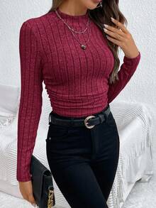 SHEIN Frenchy 女士休闲纯色罗纹针织褶皱 T 恤 - 紅色 - 查看 3