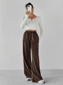 SHEIN Tall Quần thể thao rộng rãi cạp chun màu trơn cho nữ - màu nâu - Xem 3