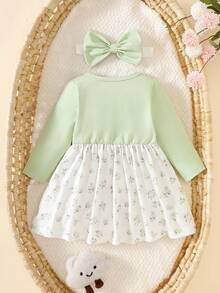 SHEIN 新生女婴粉色长袖拼布花卉蝴蝶结连衣裙，搭配优雅甜美可爱头饰，适合秋季日常户外休闲活动 - 綠色 - 查看 3