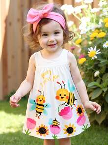 SHEIN Playful Pals Cute Bee Design Sleeveless Dress For Baby Girls, Spring/Summer