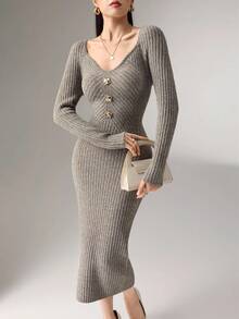 Heiryn Women's Elegant Metal Buckle Sweater Dress,Gray Autumn Office Knit Dresses,Ribbed Button Dress,Winter - Grey - View 4