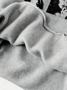 SHEIN Tween Girl Loose Portrait & Slogan Print Thermal Lined Hoodie & Drawstring Sweatpants Set Fall Winter - Grey - View 7