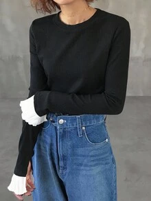 FRIFUL 女式黑色圆领长袖罗纹面料撞色褶皱喇叭袖口修身百搭 T 恤，秋季 - 黑色 - 查看 3