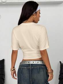 Coolane Women's Summer Minimalist Y2K Basic Daily Wear Casual Back To School Streetwear Stretchy White Loose Ruched Crop Tees