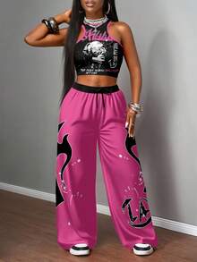 Slaydiva 2 件套女士休闲街头紧身吊带背心和宽松裤子套装/Y2k 服装/街头服饰/女士两件套/返校/休闲街头/适合嘻哈/卡通人物和火焰印花图案 - 彩色 - 查看 5