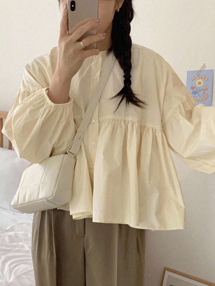 Girly Casual Crew Neck Pleated Puff Sleeve Women Blouse,Fall Clothes