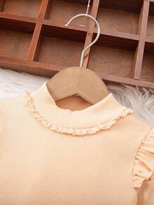 SHEIN 可爱休闲杏色针织弹力荷叶边长袖连体衣，女婴款 - 杏色 - 查看 5