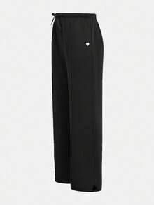 SHEIN Girlism 少女休闲/校园、返校、运动/圆领/刺绣/猪鼻扣/松紧下摆/连帽衫/运动裤/两件套/波西米亚风/街头服饰~套头衫~运动服~舒适 - 黑色 - 查看 6