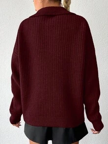 EURMUSE Women's Solid Color Drop Shoulder Sweater - Burgundy - View 2