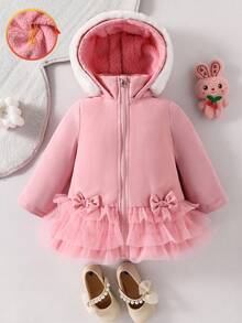 SHEIN 女婴圣诞节、万圣节服装，冬季，星期三，黑色连衣裙，圣诞节，万圣节，女婴蝴蝶装饰长袖拉链前片拼接网纱荷叶边下摆可爱连帽冬季外套 - 粉色 - 查看 5