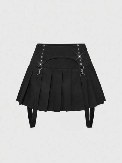 Goth Punk Style Studded Women's Low Waist Pleated Mini Skirt