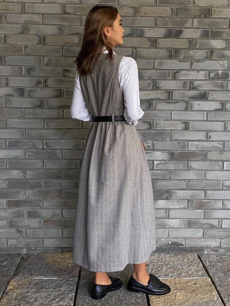 Women's Casual V-Neck Sleeveless Herringbone Dress, Autumn/Winter