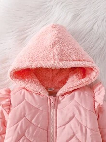 SHEIN 女宝宝可爱公主风碎花连帽羊毛连体衣，适合秋冬季外出聚会 - 粉色 - 查看 4