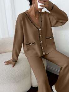 EURMUSE 女士落肩长袖单排扣针织开衫和针织裤休闲套装 - 杏色 - 查看 7