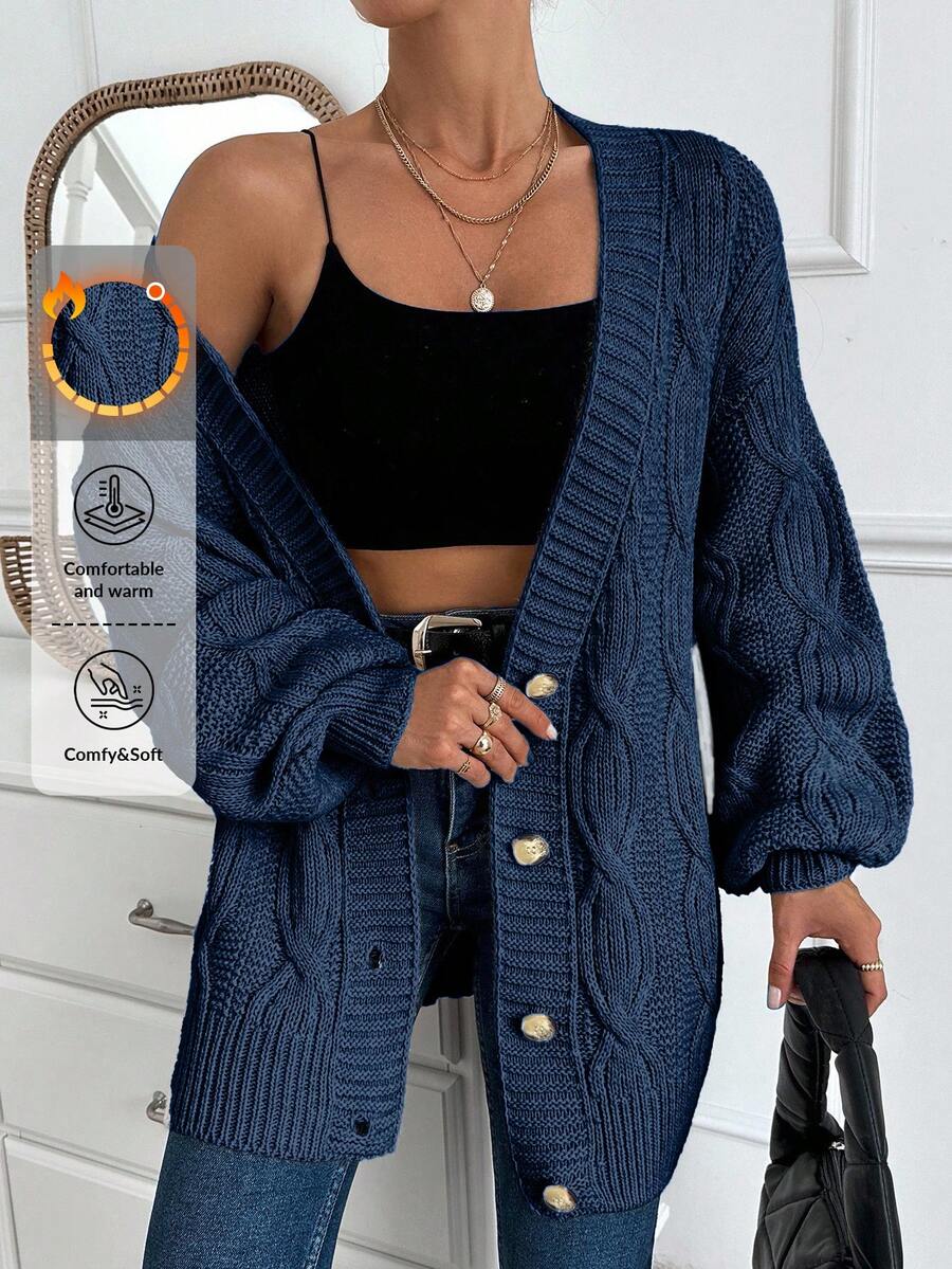 EURMUSE Women Cable Knit Detailed Oversize Cardigan - Navy Blue - View 1