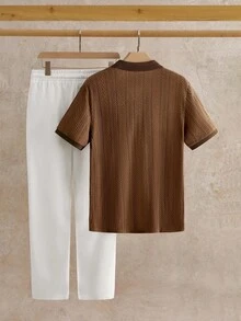 Manfinity VCAY Bộ 2 áo thun polo cổ chữ V jacquard thường ngày cho nam kèm quần ống đứng cạp rút, áo sơ mi tay ngắn cổ họa tiết tiệc tùng ngoài trời mùa hè, bộ đồ đi biển, trang phục ấm áp - Nhiều màu - Xem 3