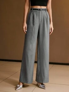 MOTF PREMIUM 条纹印花斜口袋阔腿裤（配腰带） - 灰色 - 查看 4