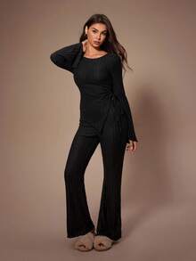 SHEIN 女士针织羊毛不对称领口和下摆抽绳褶皱侧长袖裤家居服套装，秋冬服装，舒适装 - 黑色 - 查看 1