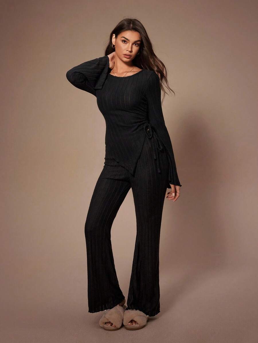 SHEIN 女士针织羊毛不对称领口和下摆抽绳褶皱侧长袖裤家居服套装，秋冬服装，舒适装 - 黑色 - 查看 1