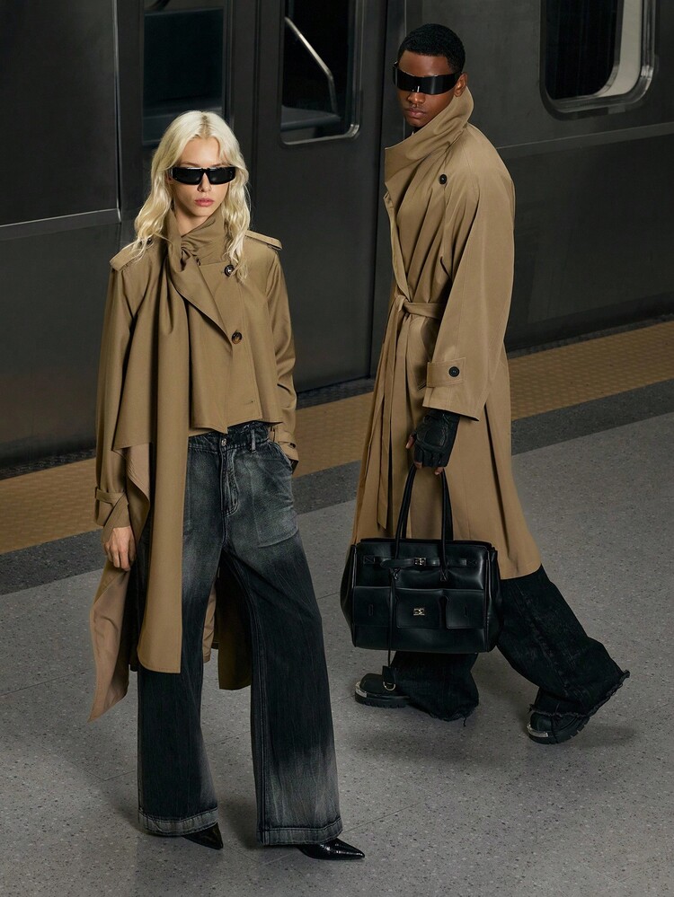 LYSMO SELECTION 2025 Winter Minimalist New Style Women's Asymmetric Hem Double-Breasted Trench Coat With Knotted Collar Christmas Party Coat Wedding Country Concert Country For Women, Fall - Green - View 8