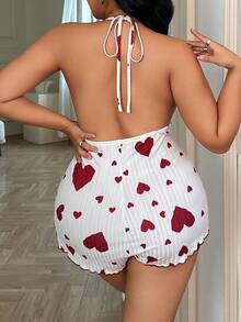 SHEIN ZzzCrew Macaquinho de Dormir com Decote em V Profundo e Estampa de Coração para Mulheres Plus Size