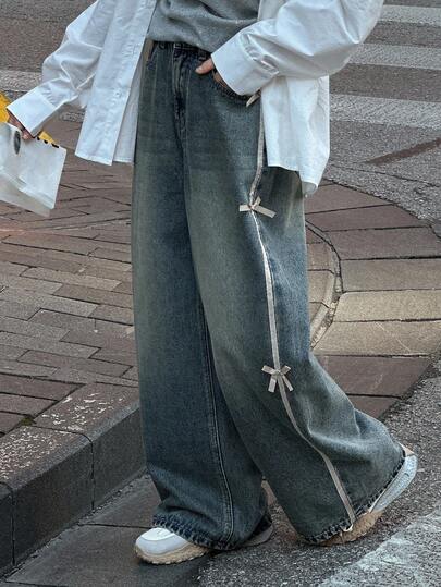 DAZY 青少年/年轻女孩宽松直筒牛仔裤，蝴蝶结装饰，休闲街头风格，秋季