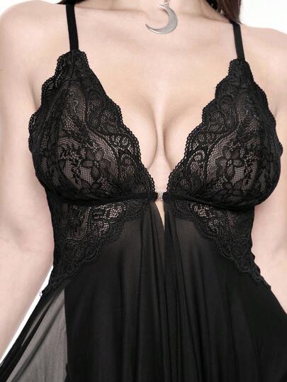 Kawaii Sexy Lace Contrast Mesh Nightgown & G-String Lingerie Set